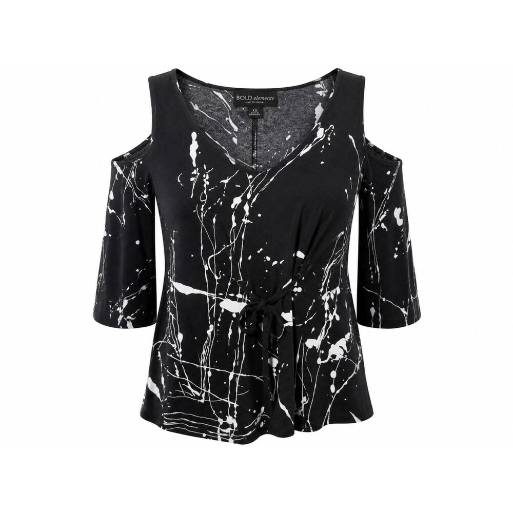 BOLD Elements Cut to Curve XS Black White Cold Shoulder Tie Front Top